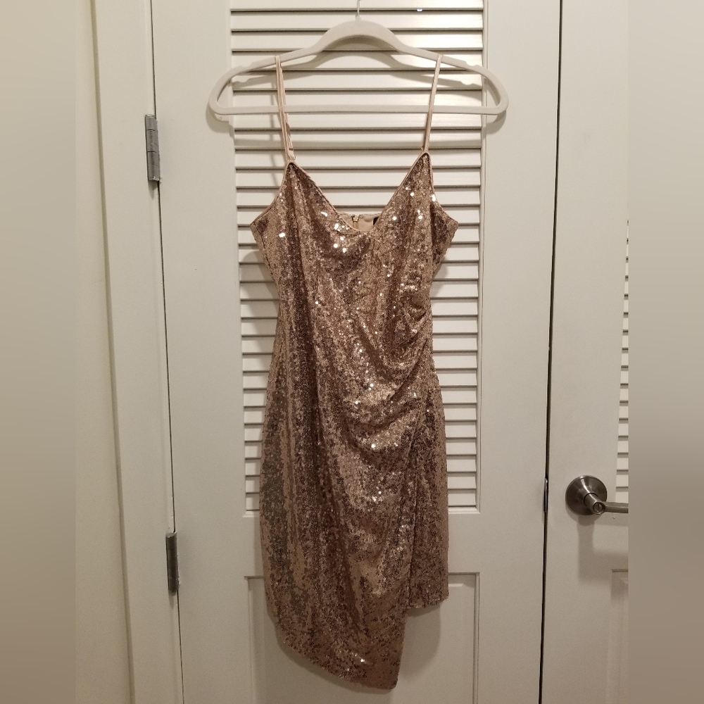 Lulus Disco Nights Rose Gold Sequin Bodycon Mini Dress - Size S